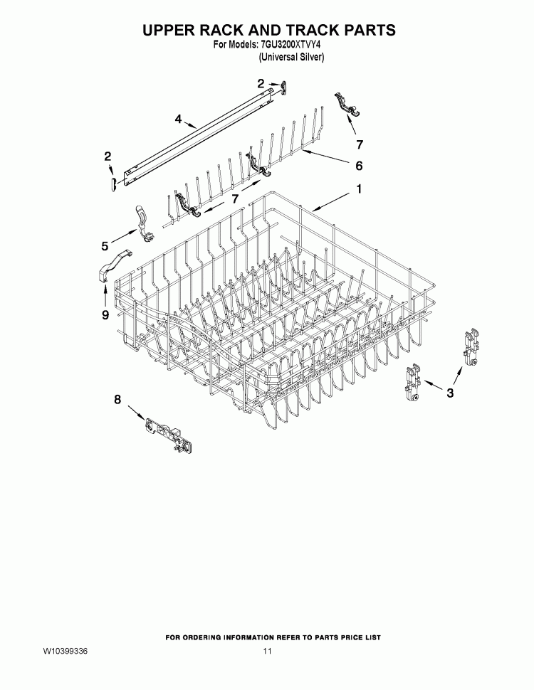 UPPER RACK AND TRACK PARTS Diagram and Parts List for 7GU3200XTVY4  Whirlpool Dishwasher