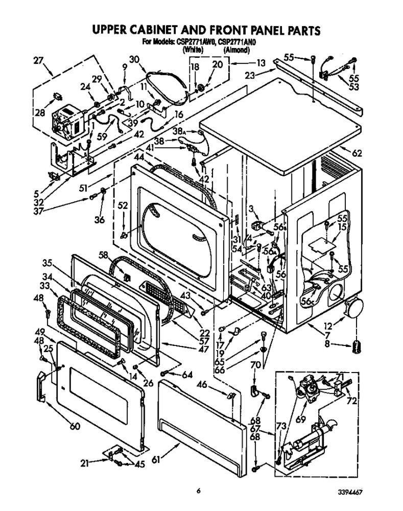 Upper Cabinet And Front Panel Diagram and Parts List for CSP2771AW0  Whirlpool Dryer