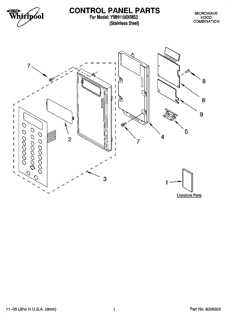 CONTROL PANEL PARTS Diagram and Parts List for YMH1150XMS3  Whirlpool Microwave