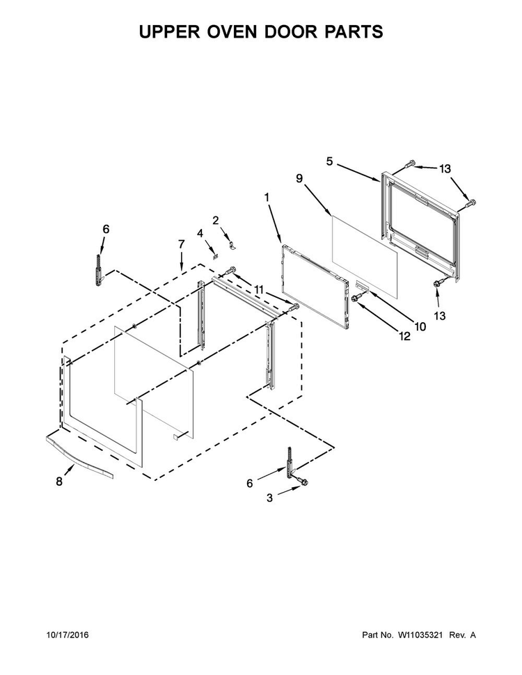 Upper Oven Door Parts Diagram and Parts List for WOD51EC7AW05  Whirlpool Wall Oven