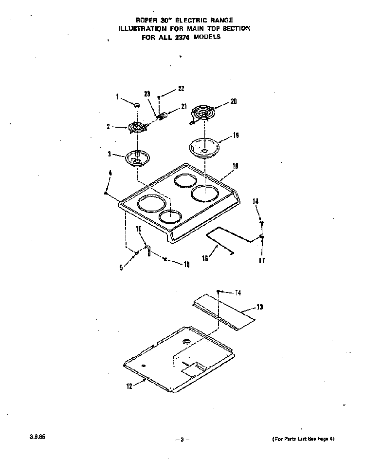 Main Top Diagram and Parts List for 2374*0A  Roper Range