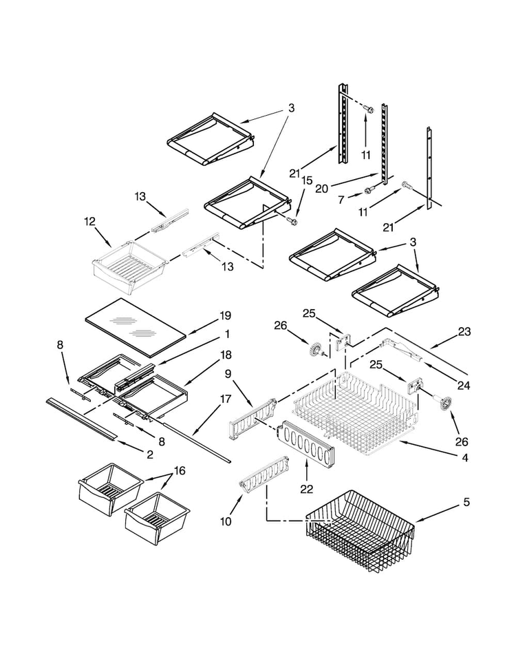 Shelf Parts Diagram and Parts List for WRB322DMBB00  Whirlpool Refrigerator