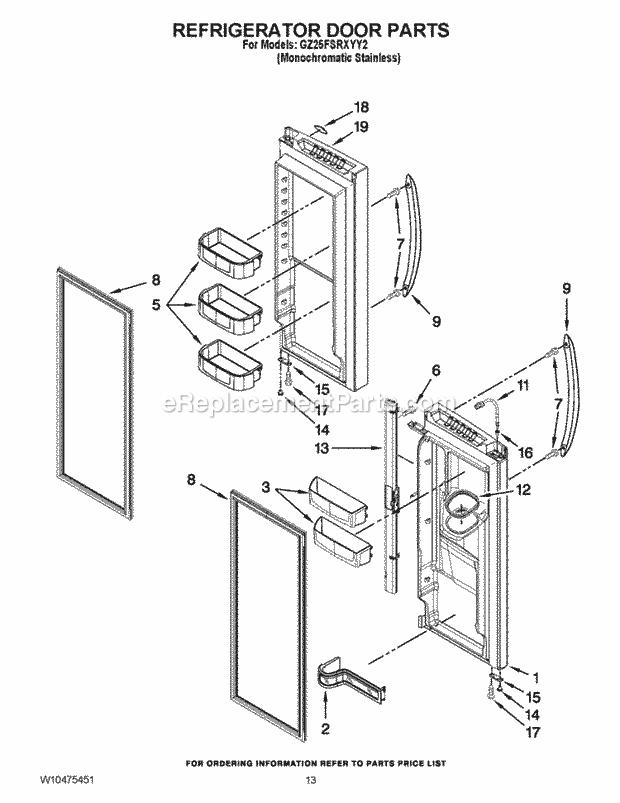 REFRIGERATOR DOOR PARTS Diagram and Parts List for GZ25FSRXYY2  Whirlpool Refrigerator