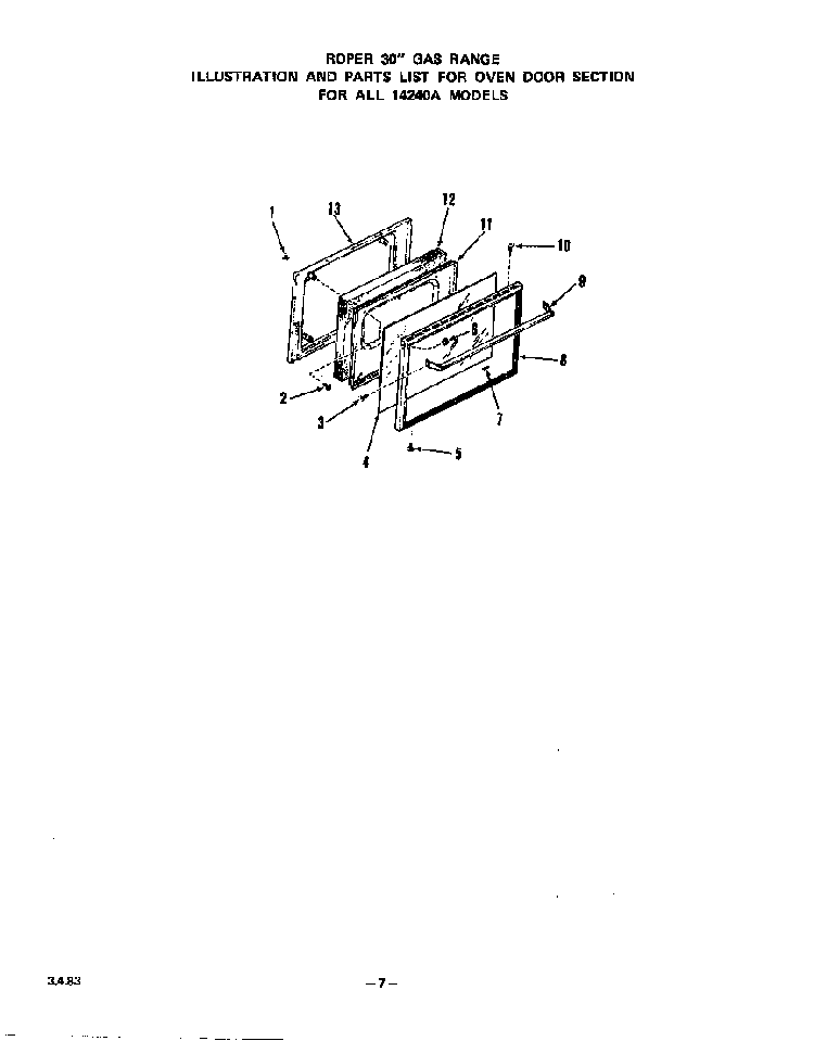 Oven Door Diagram and Parts List for 1424*0A  Roper Range