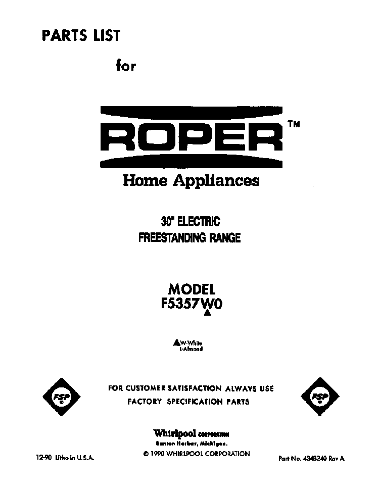 Front Cover Diagram and Parts List for F5357W0  Roper Range