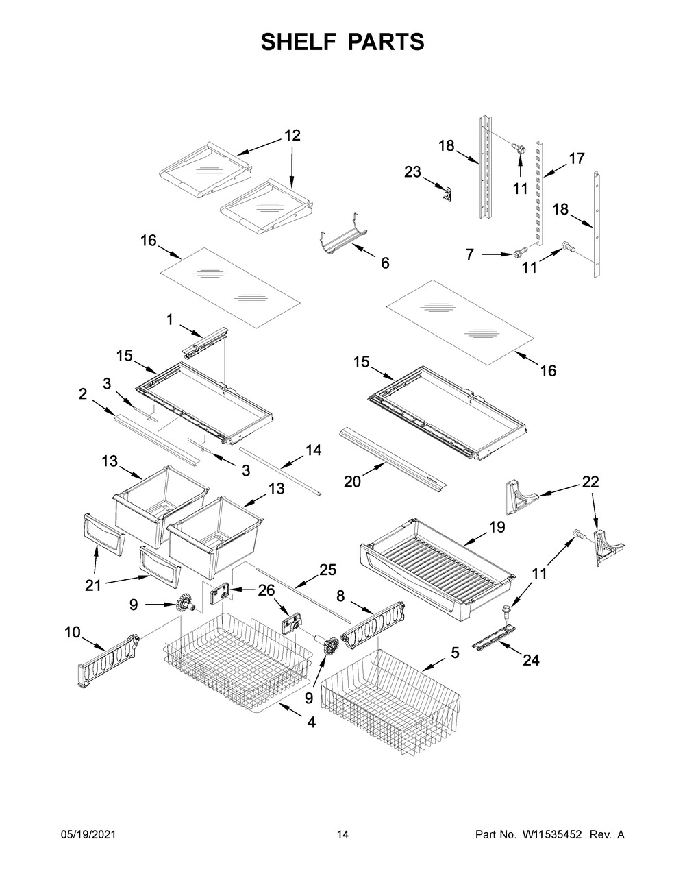 Shelf Parts Diagram and Parts List for KRBR109ESS03  Whirlpool Refrigerator