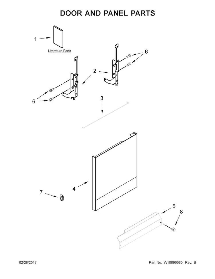 Door And Panel Parts Diagram and Parts List for WDF110PABT5  Whirlpool Dishwasher