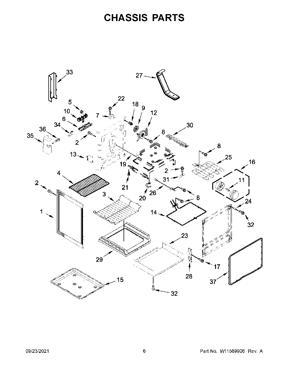 Chassis Parts Diagram and Parts List for KFEG500EWH4  KitchenAid Range