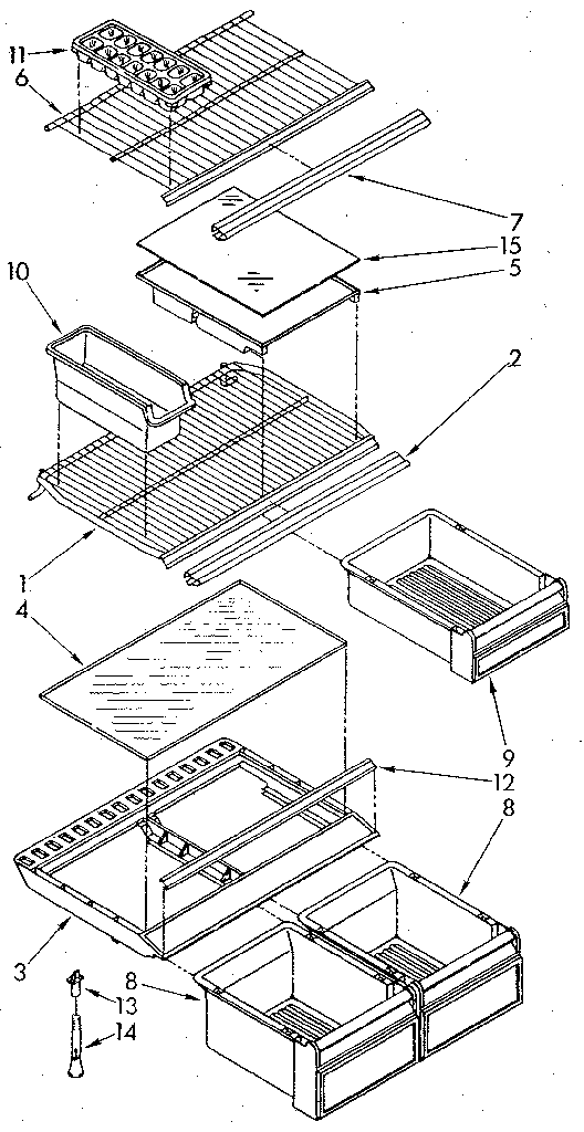 Shelf Diagram and Parts List for ET16AKXSN01  Whirlpool Refrigerator