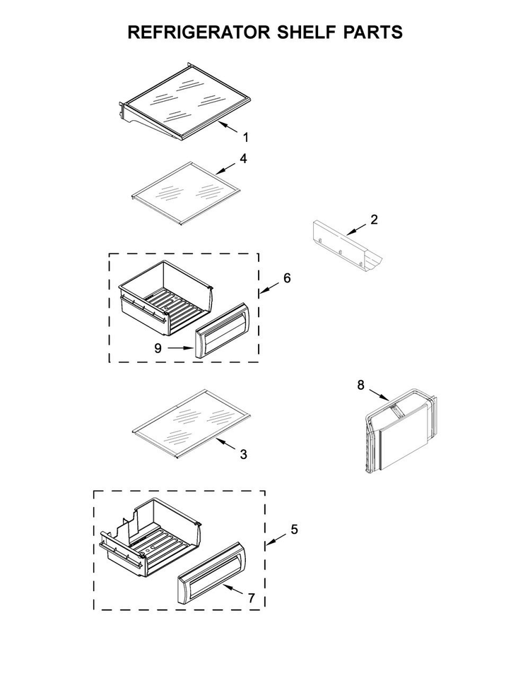 Refrigerator Shelf Parts Diagram and Parts List for KBSN602EBS00  KitchenAid Refrigerator