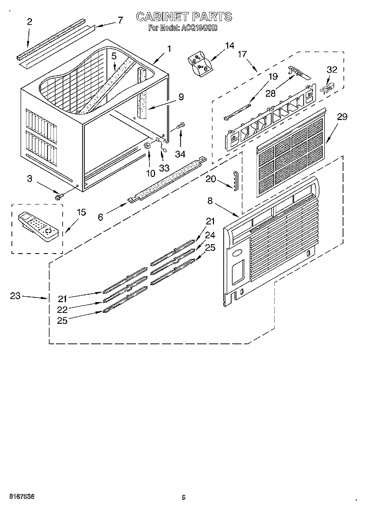 CABINET Diagram and Parts List for ACQ184XK0  Whirlpool Air Conditioner