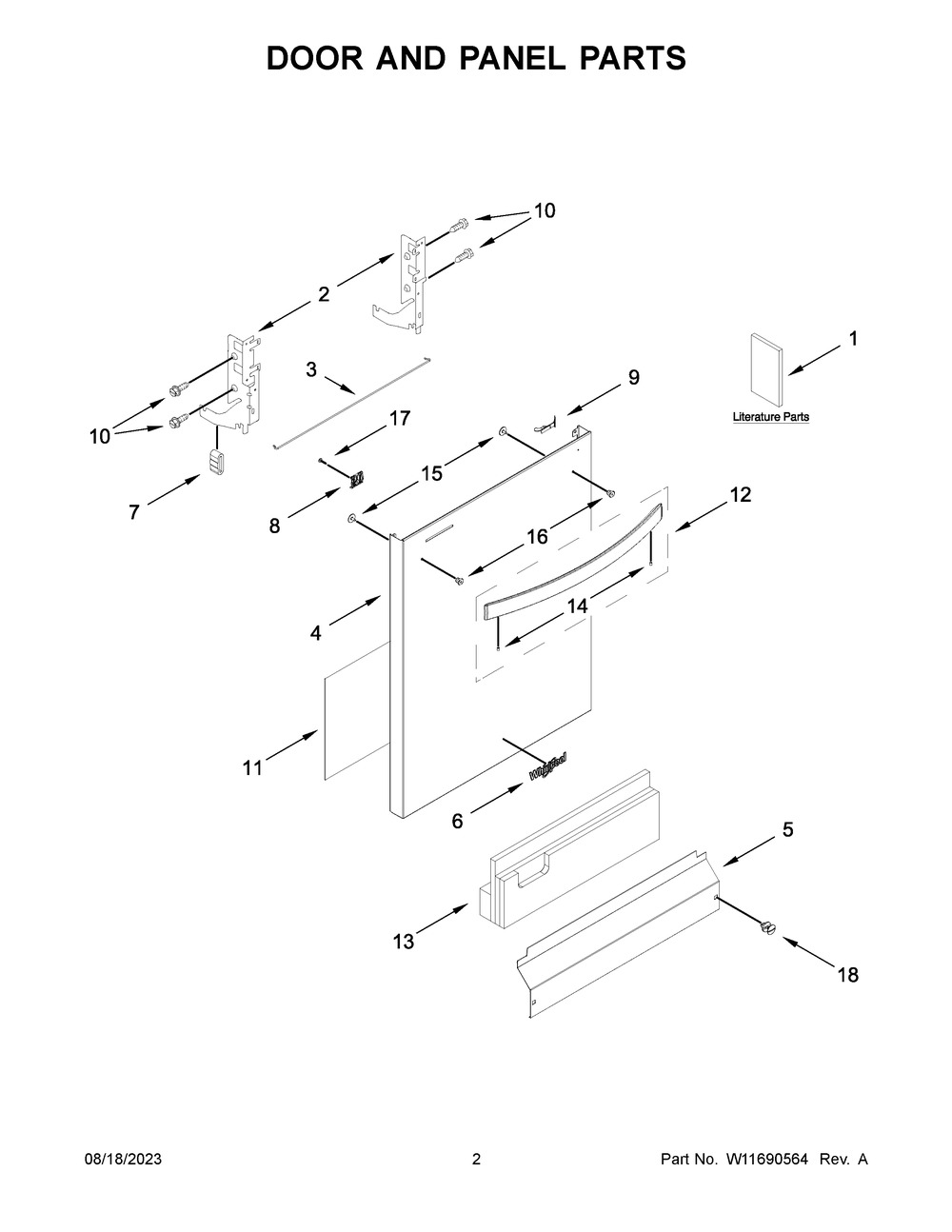 Door And Panel Parts Diagram and Parts List for WDT531HAPM0  Whirlpool Dishwasher
