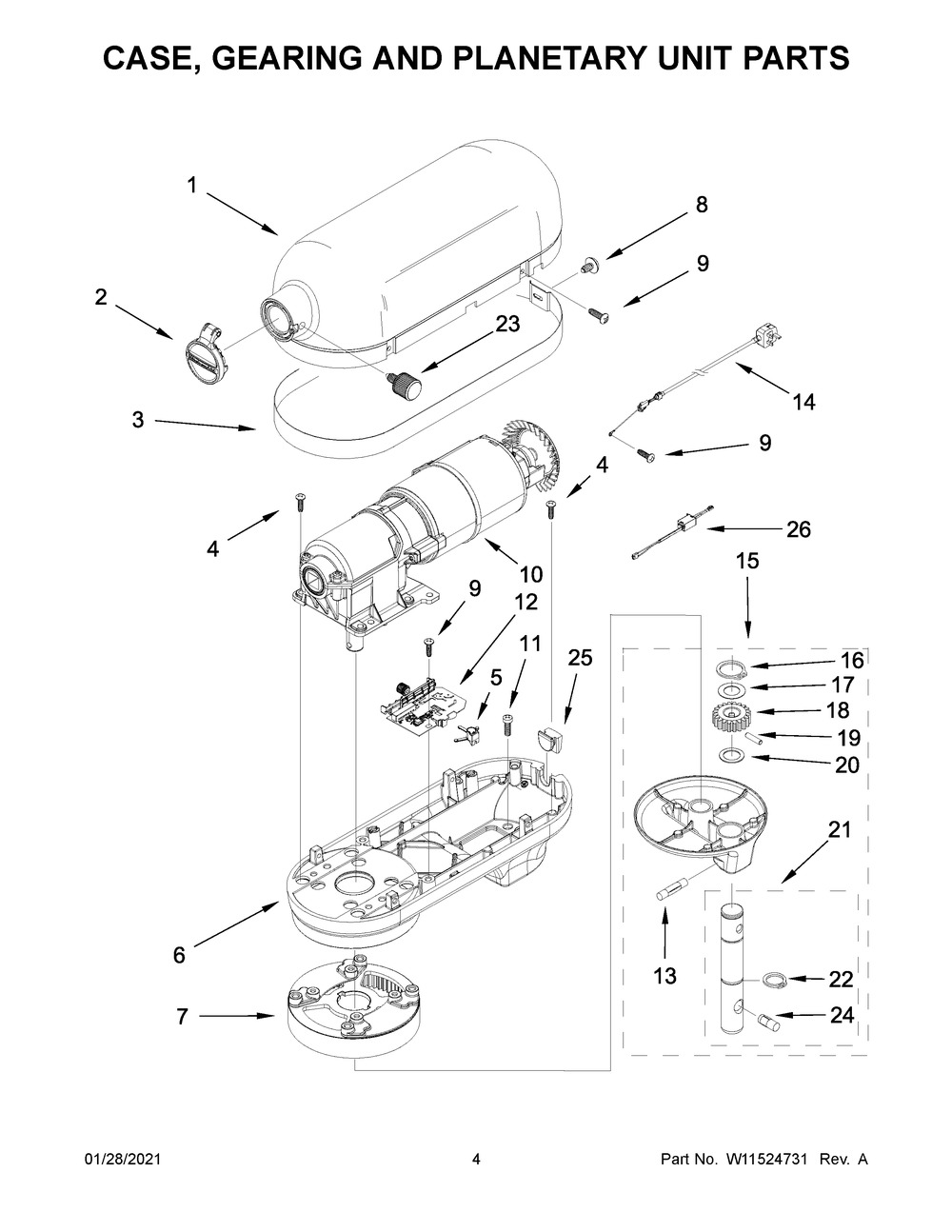 Case, Gearing And Planetary Unit Parts Diagram and Parts List for 5KSM6585GPA0  Whirlpool Mixer