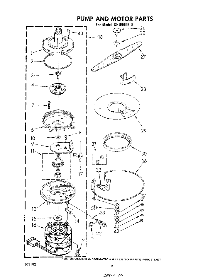 PUMP AND MOTOR Diagram and Parts List for SHU90050  Whirlpool Dishwasher