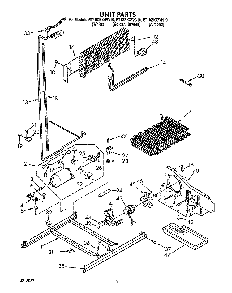 UNIT Diagram and Parts List for ET18ZKXWW10  Whirlpool Refrigerator