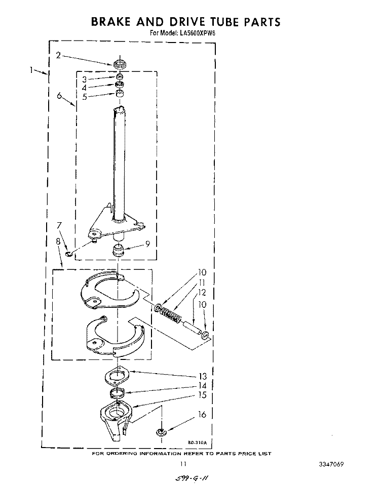 BRAKE AND DRIVE TUBE Diagram and Parts List for LA5600XPW6  Whirlpool Washer