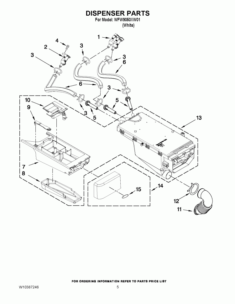 DISPENSER PARTS Diagram and Parts List for WFW9050XW01  Whirlpool Washer