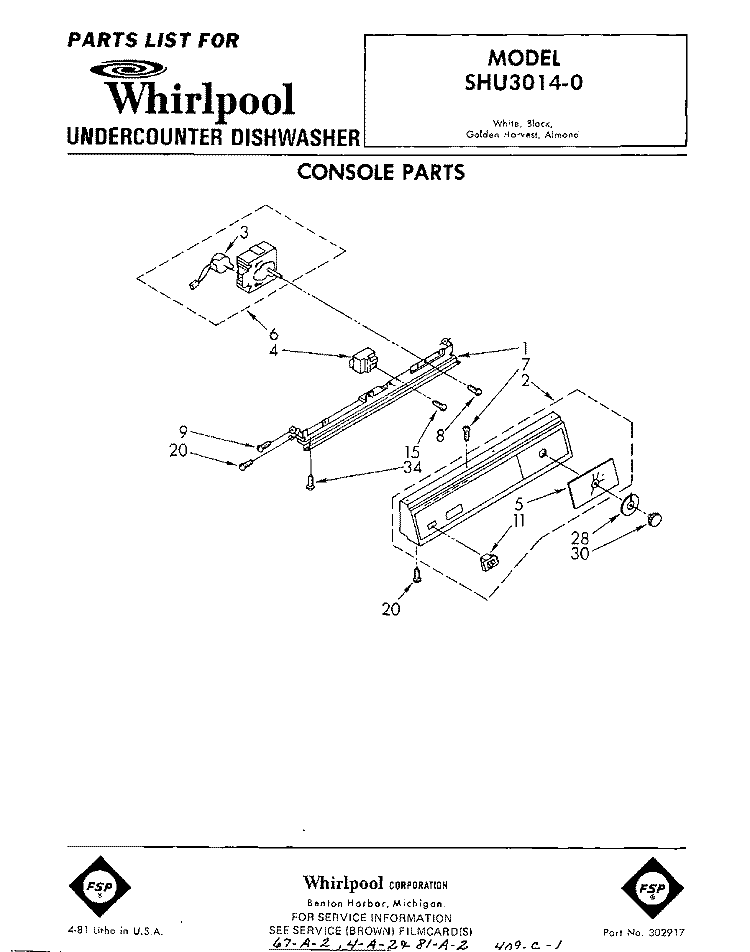 CONSOLE Diagram and Parts List for SHU30140  Whirlpool Dishwasher