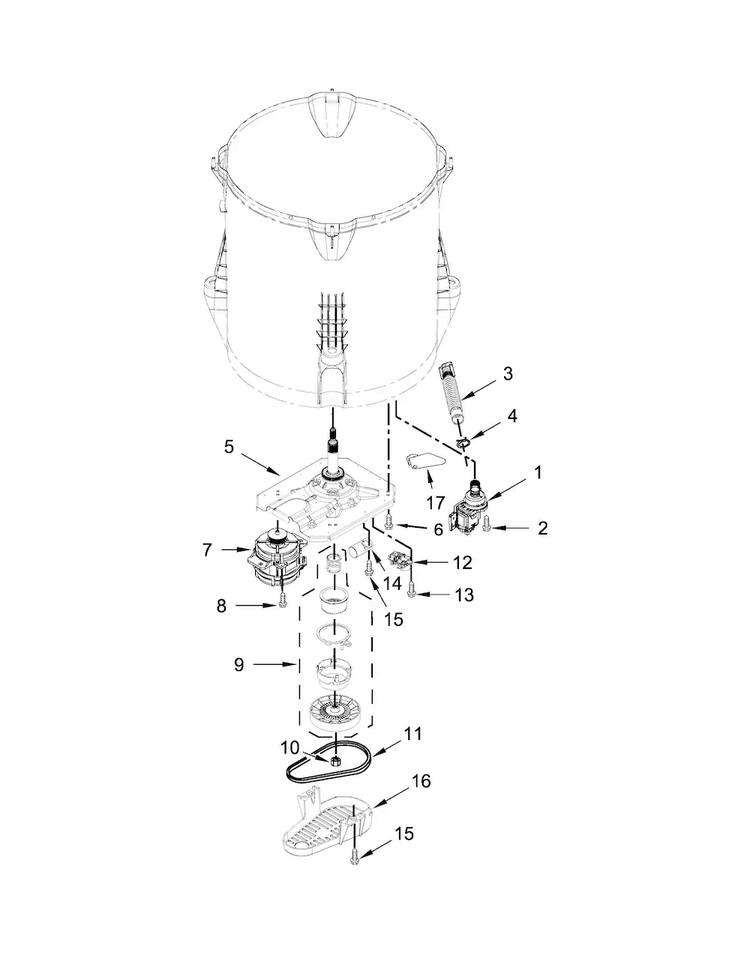 Gearcase, Motor And Pump Parts Diagram and Parts List for WTW5000DW1  Whirlpool Washer