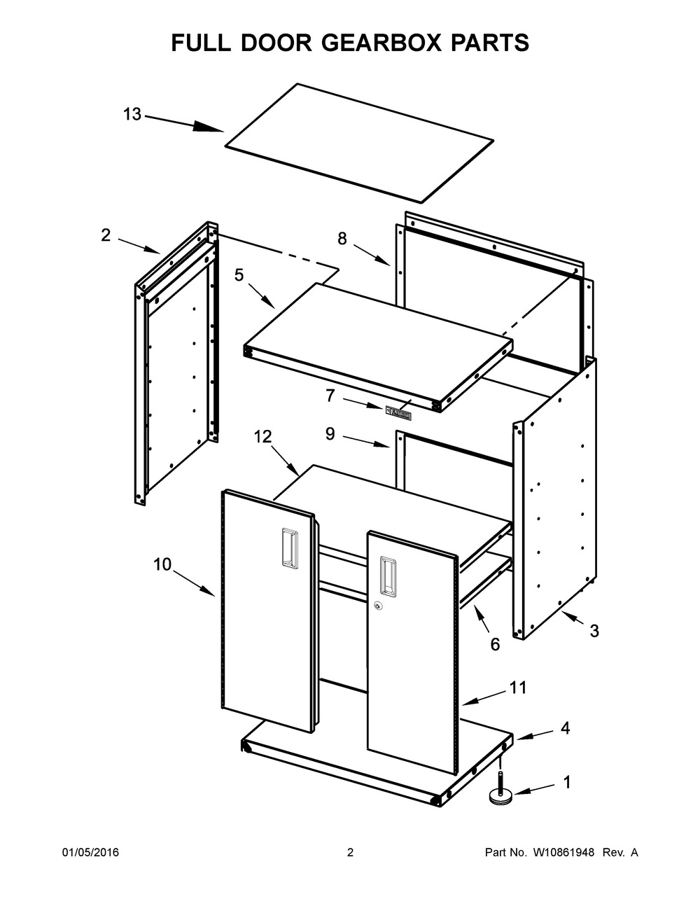 Full Door Gearbox Parts Diagram and Parts List for GAGB28FDESG00  Whirlpool Cabinet