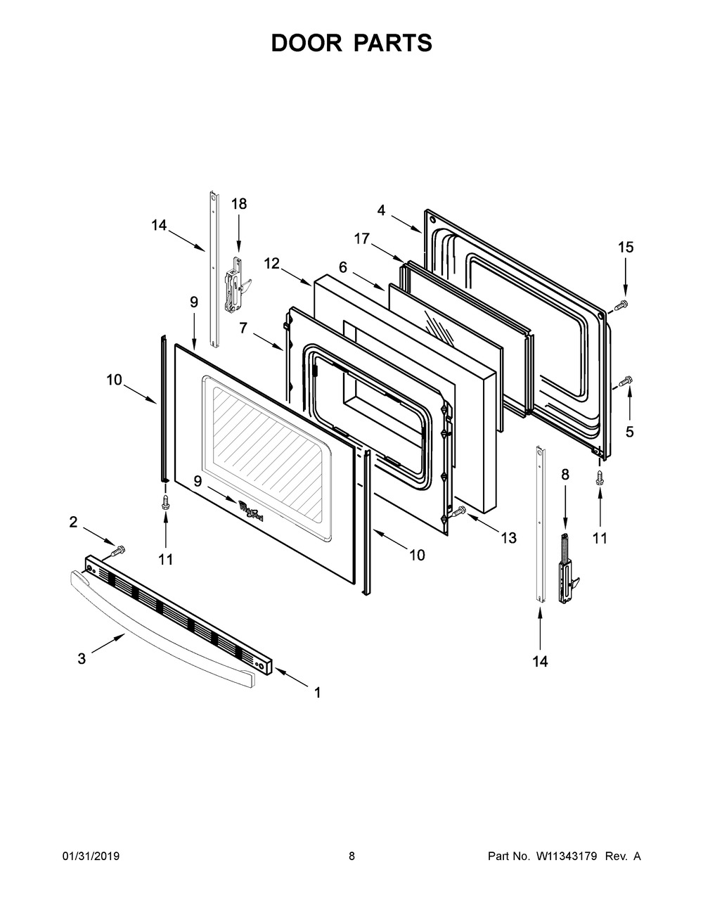 Door Parts Diagram and Parts List for YWFE521S0HS1  Whirlpool Range