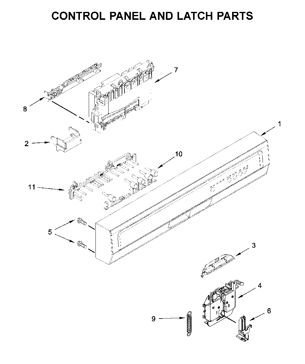 Control panel and latch parts Diagram and Parts List for WDF330PAHS4  Whirlpool Dishwasher