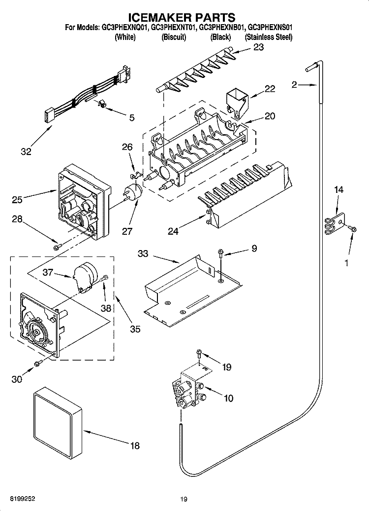 ICEMAKER PARTS, OPTIONAL PARTS Diagram and Parts List for GC3PHEXNS01  Whirlpool Refrigerator