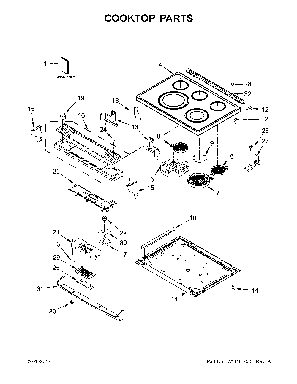 Cooktop parts Diagram and Parts List for 664C95123611  Kenmore Range