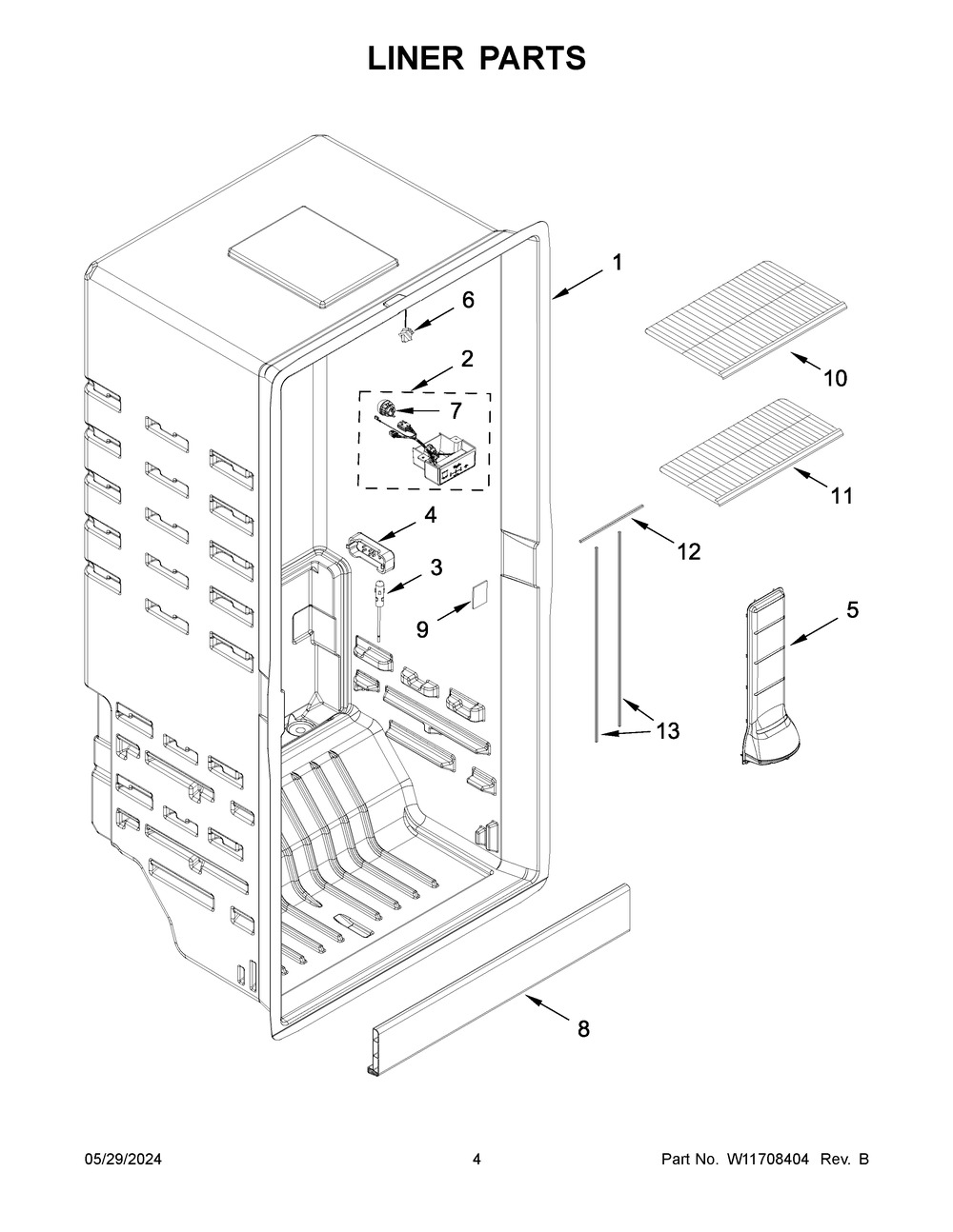 Liner Parts Diagram and Parts List for WZF57R16FW10  Whirlpool Freezer
