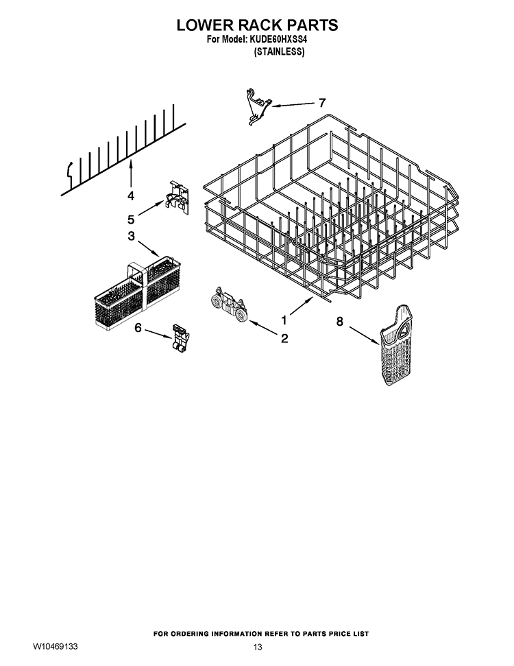 LOWER RACK PARTS Diagram and Parts List for KUDE60HXSS4  KitchenAid Dishwasher