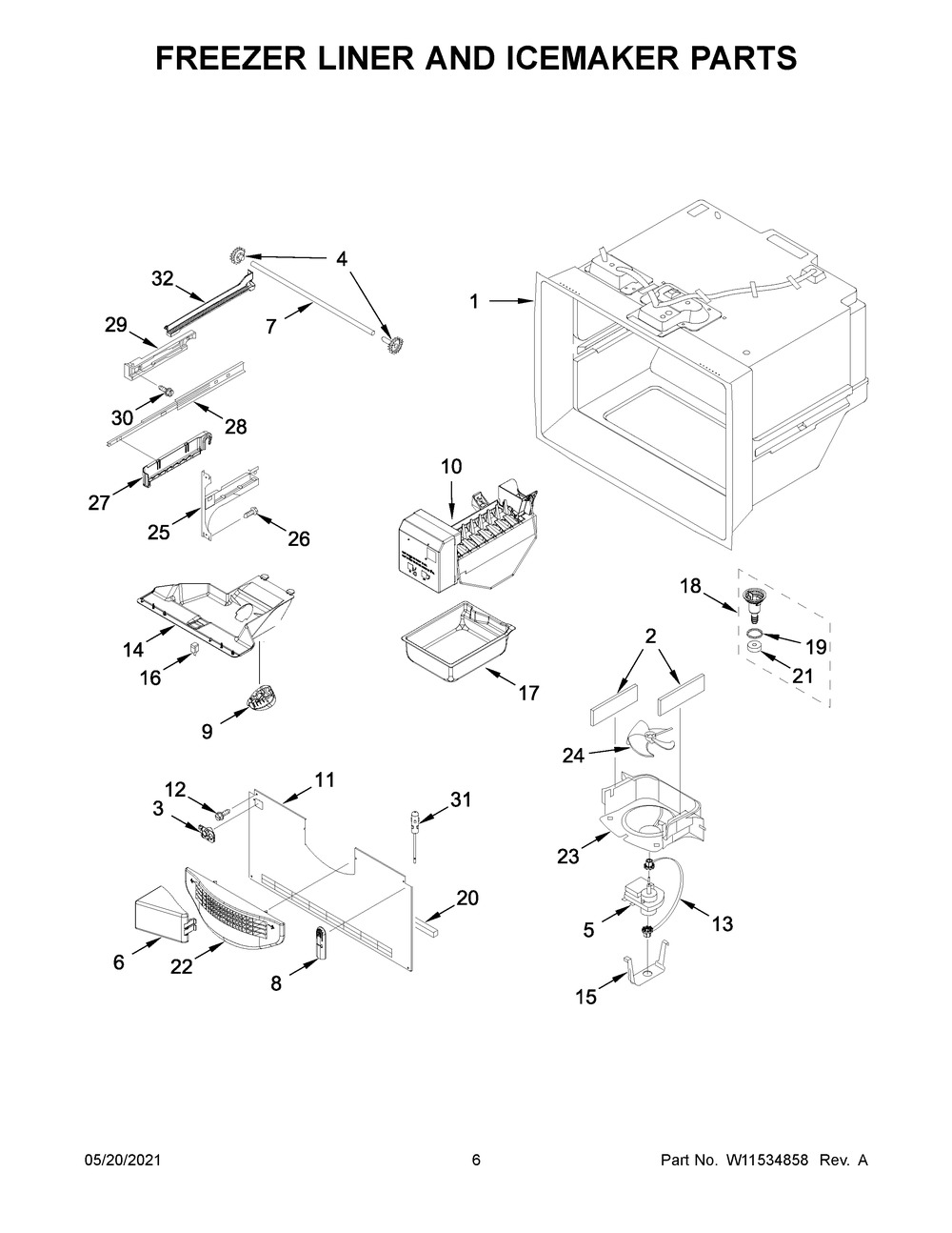Freezer Liner And Icemaker Parts Diagram and Parts List for MFF2258FEZ06  Whirlpool Refrigerator