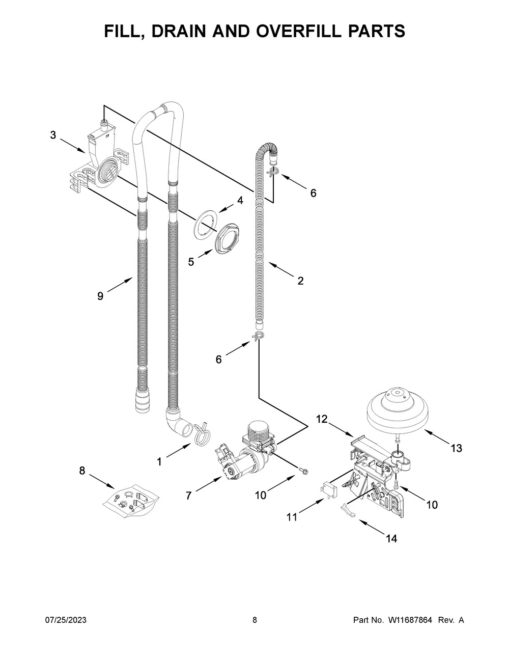 Fill, Drain And Overfill Parts Diagram and Parts List for WDT730HAMZ1  Whirlpool Dishwasher