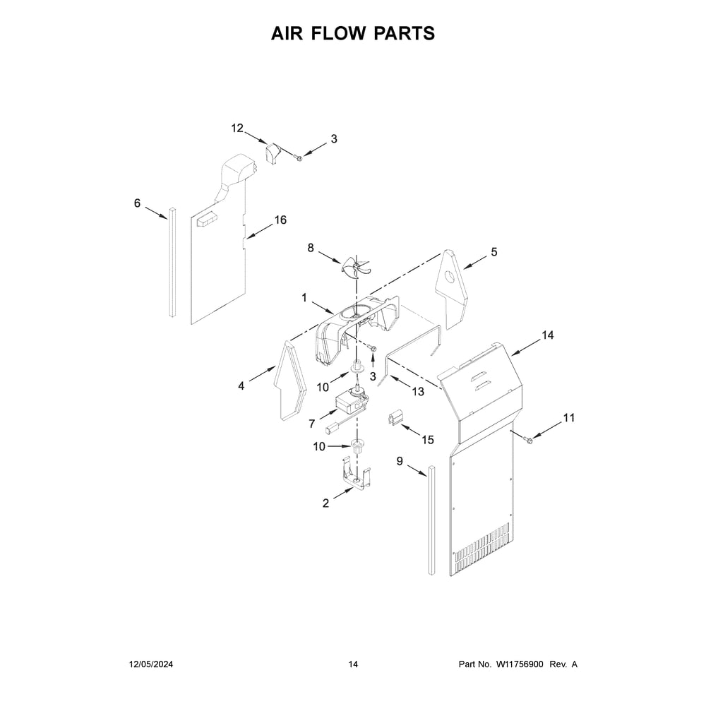 Air Flow Parts Diagram and Parts List for WRS312SNHB07  Whirlpool Refrigerator