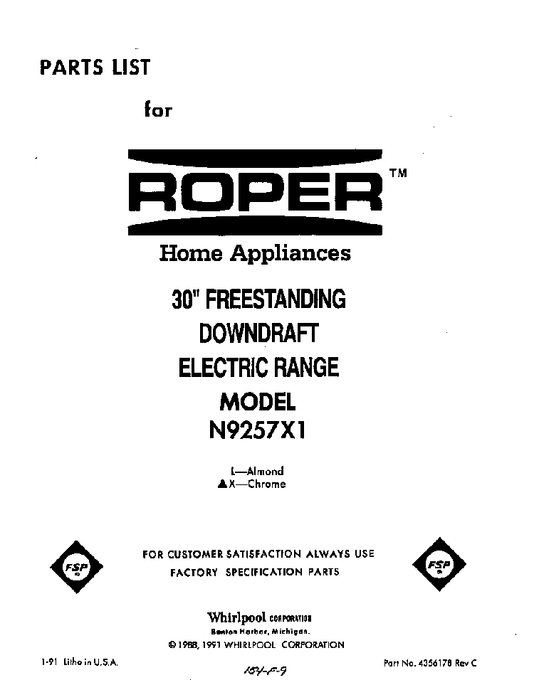 Front Cover Diagram and Parts List for N9257*1  Roper Range