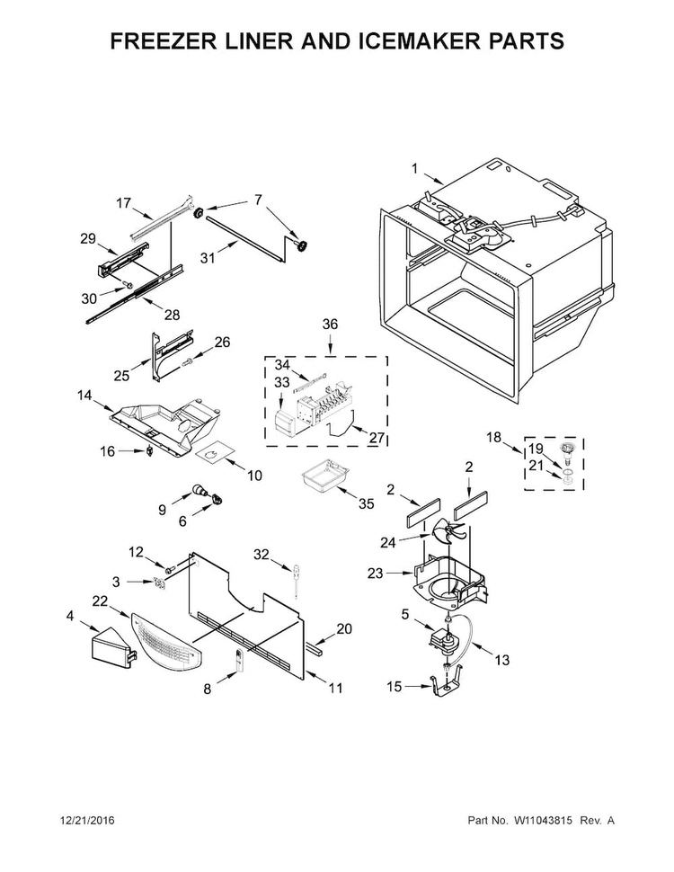 Freezer Liner And Icemaker Parts Diagram and Parts List for WRF535SWHV00  Whirlpool Refrigerator