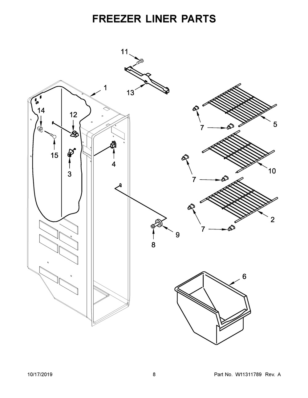 Freezer Liner Parts Diagram and Parts List for WRS311SDHM01  Whirlpool Refrigerator