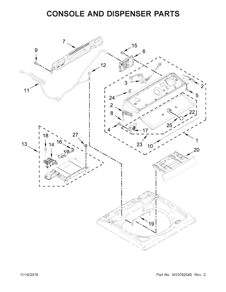 Console And Dispenser Parts Diagram and Parts List for 11029132410  Kenmore Washer