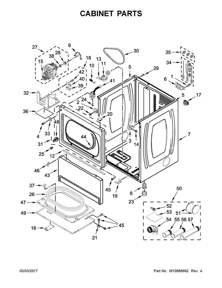 Cabinet Parts Diagram and Parts List for XCEM2765FQ0  Whirlpool Dryer