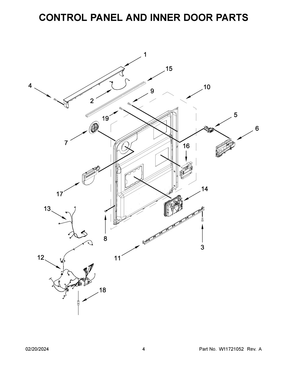 Control Panel And Inner Door Parts Diagram and Parts List for KDFE104KPS3  KitchenAid Dishwasher