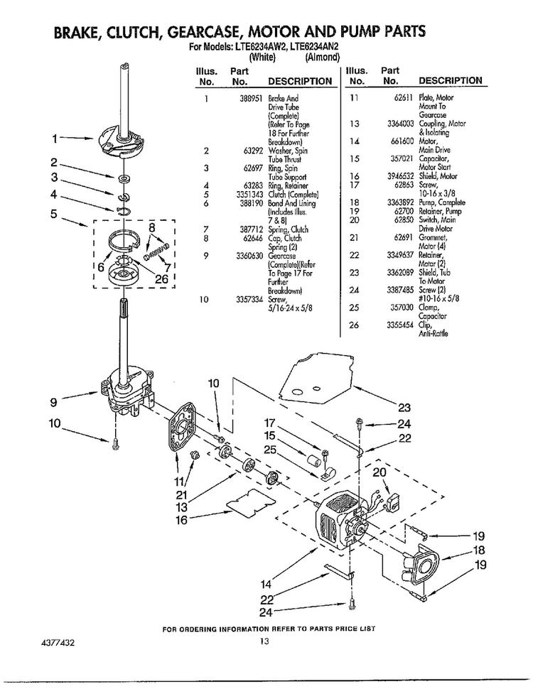Brake, Clutch And Motor Parts Diagram and Parts List for LTE6243AN2  Whirlpool Washer Dryer Combo