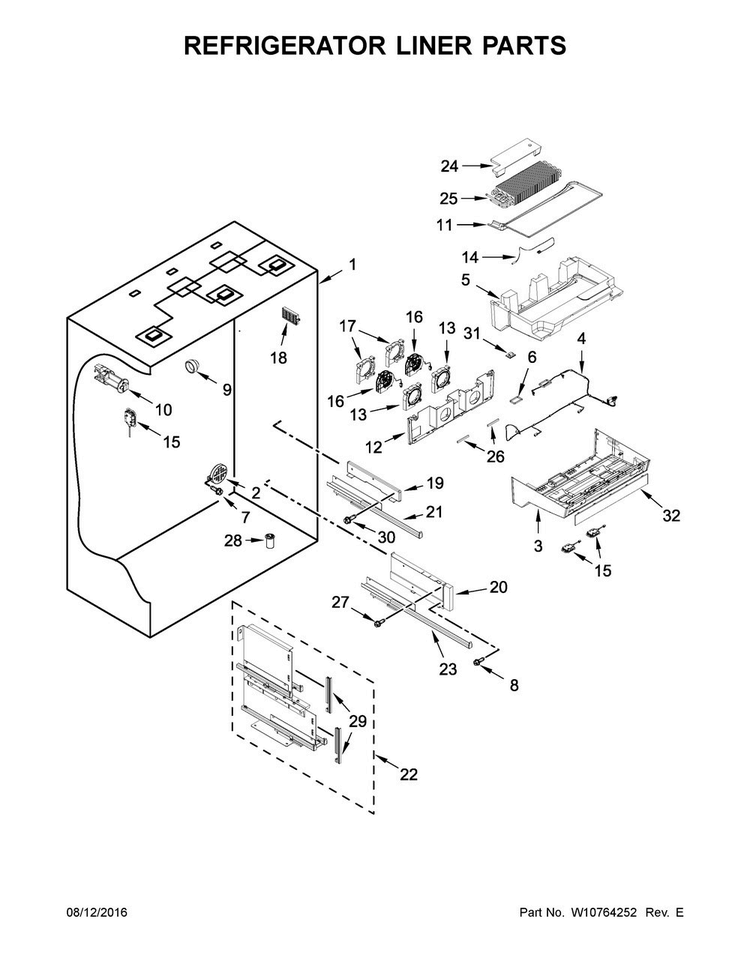 Refrigerator Liner Parts Diagram and Parts List for KBFN402ESS00  KitchenAid Refrigerator