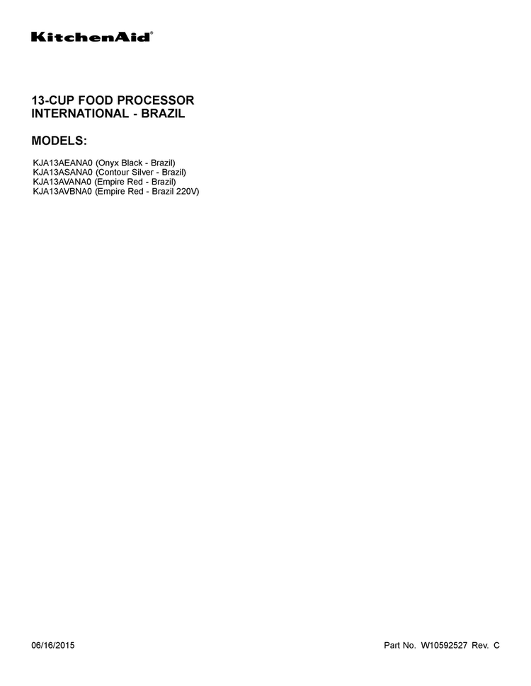 Cover Sheet Diagram and Parts List for KJA13AVBNA0  KitchenAid Food Processor