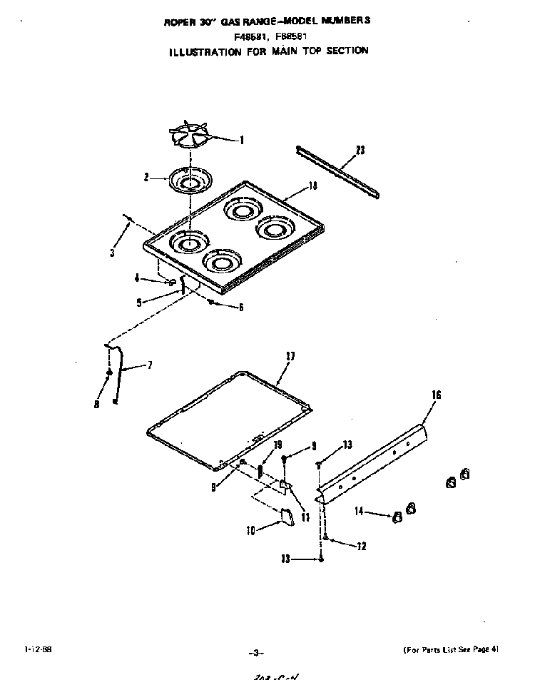 Main Top Diagram and Parts List for F6858*1  Roper Range