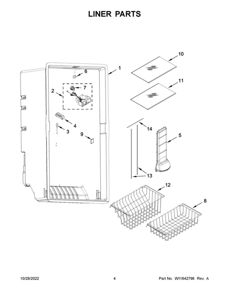 Liner Parts Diagram and Parts List for WSZ57L18DM07  Whirlpool Freezer