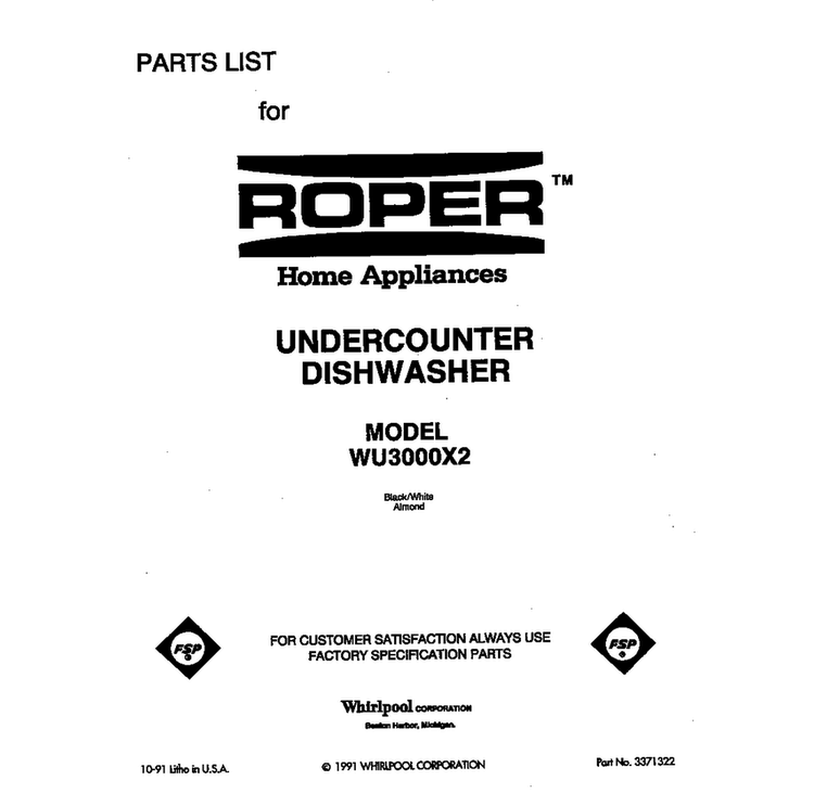 Front Cover Diagram and Parts List for WU300X2  Roper Dishwasher