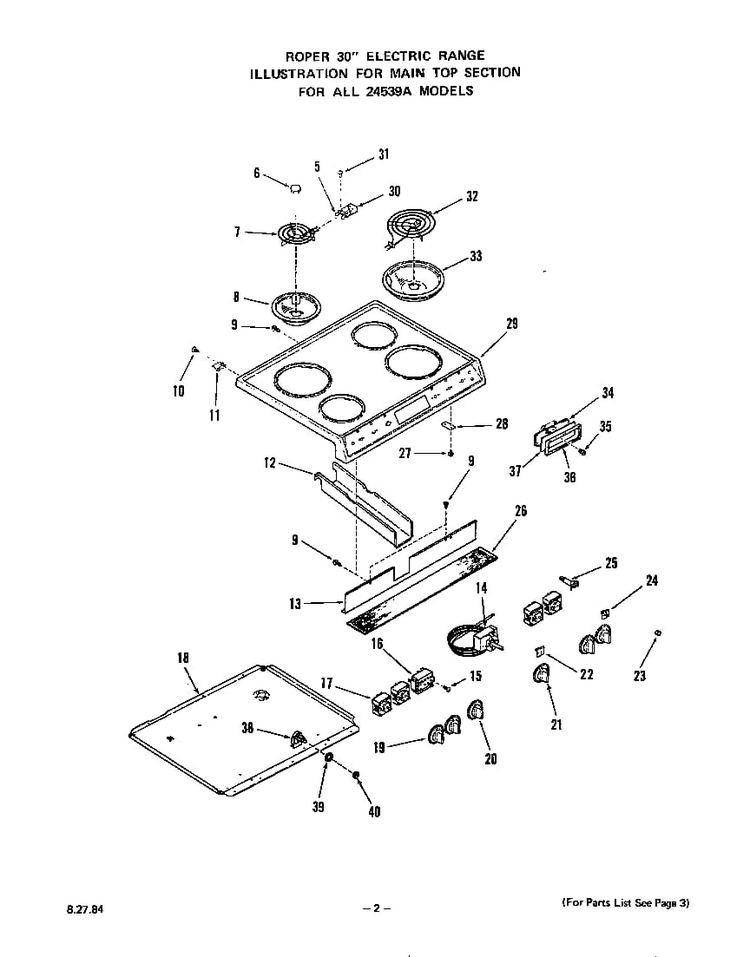 Main Top Diagram and Parts List for 2453*9A  Roper Range