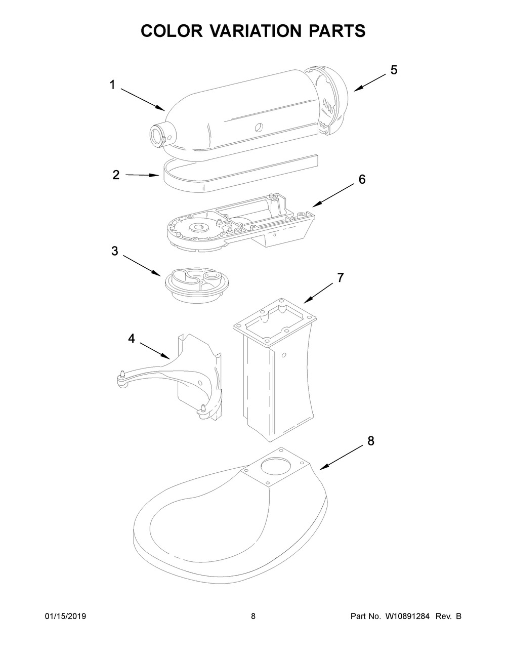 Color Variation Parts Diagram and Parts List for 5KPM5CSM0  Whirlpool Mixer