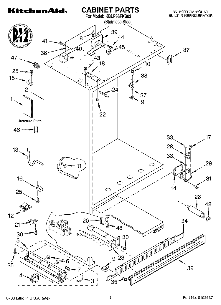 CABINET PARTS Diagram and Parts List for KBLP36FKS02  KitchenAid Refrigerator