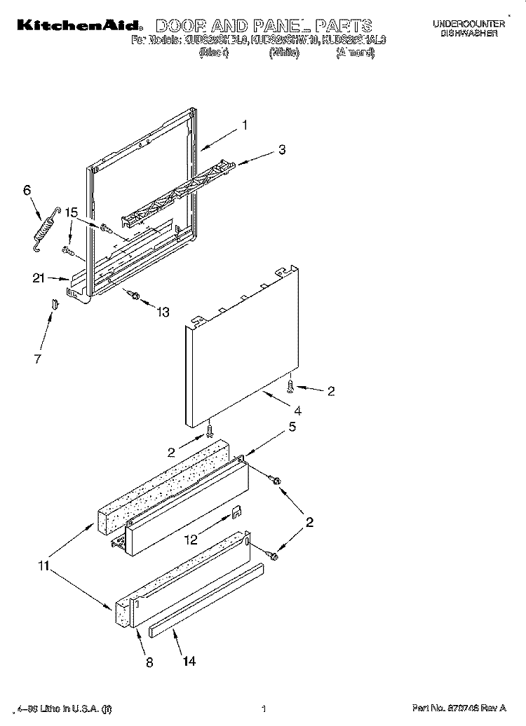 DOOR AND PANEL Diagram and Parts List for KUDS25SHWH0  KitchenAid Dishwasher