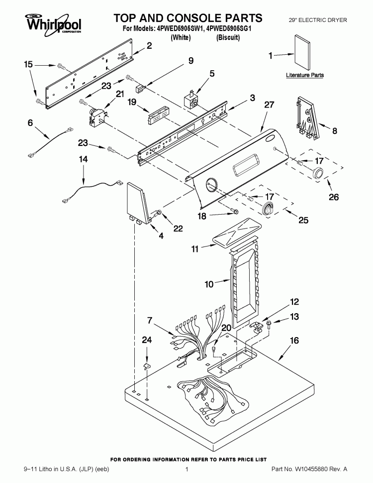 TOP AND CONSOLE PARTS Diagram and Parts List for 4PWED5905SG1  Whirlpool Dryer